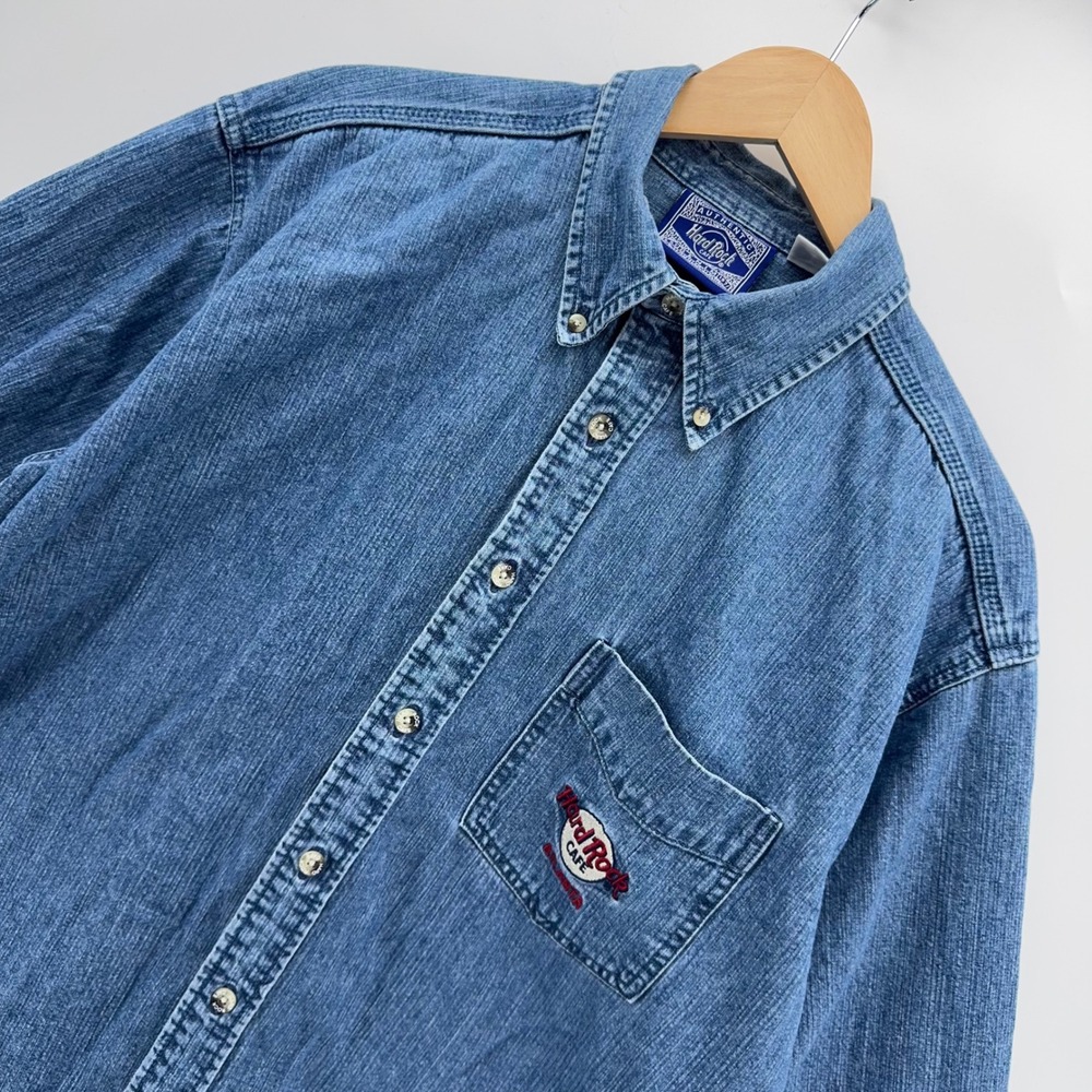 Vtg Hard Rock Cafe Denim Shirt Mens L Blue Atlanta Logo Button Down Long Sleeve